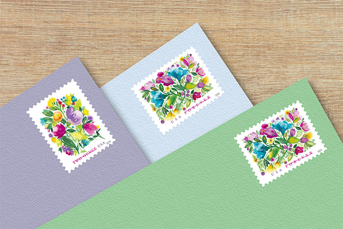 Celebration Blooms Forever and Wedding Blooms Two ounce stamps on envelopes.