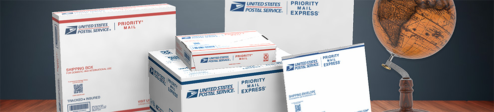 Cajas Priority Mail International y Priority Mail Express International Flat Rate para entrega rápida y USPS Tracking.