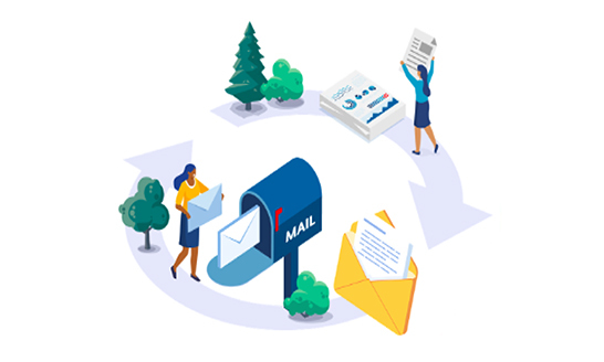 Graphic of business workers using recycled paper for mailing letters.