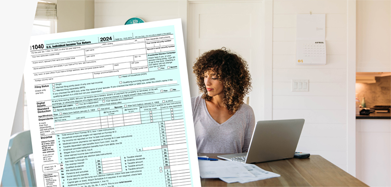 Woman doing taxes with computer, IRS form 1040, and USPS Priority Mail envelope.