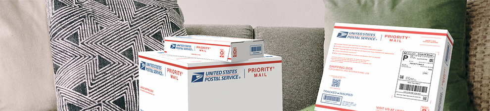 Dos cajas Priority Mail<sup>®</sup> sobre un sofá.