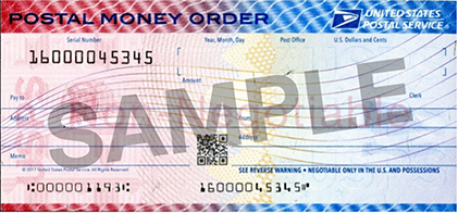 Sample red and blue postal money order