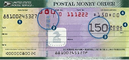 Green postal money order with circled designs showing how to spot a fake