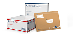 Cajas Priority Mail y Priority Mail Express y un sobre Ready Post.