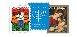 Holiday-themed stamps for Hanukkah, Christmas, and Kwanzaa.