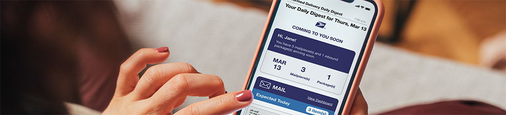 A smartphone showing an Informed Delivery Daily Digest email with an incoming letter and package tracking information.