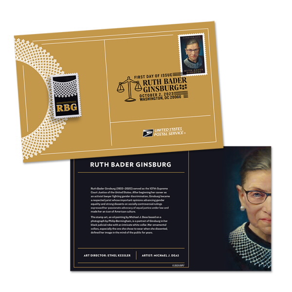 Ruth Bader Ginsburg Stamp Pin with Cancellation Card USPS